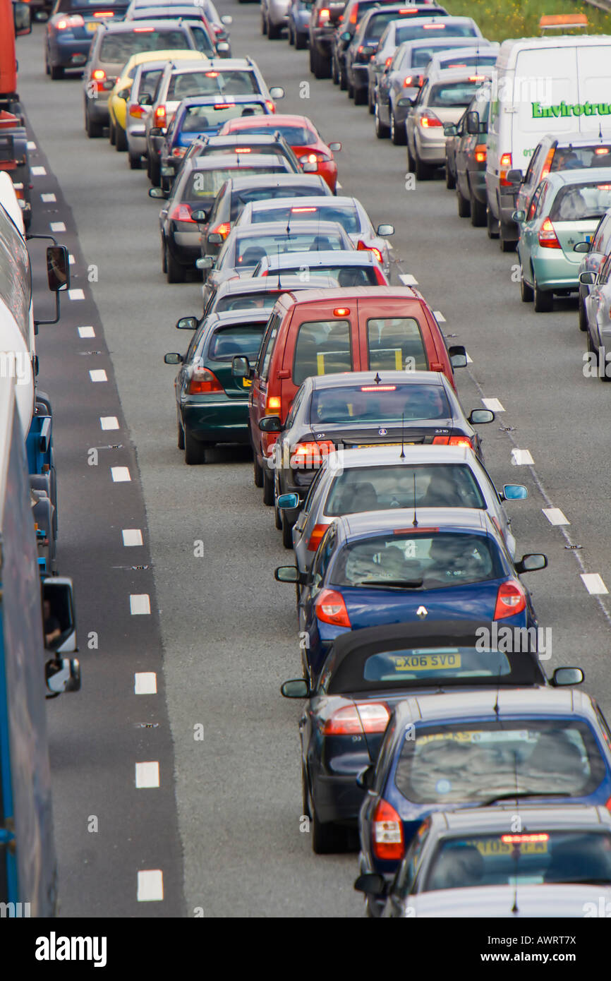 Traffic jam on the M56 motorway at junction 14 looking east Stock Photo