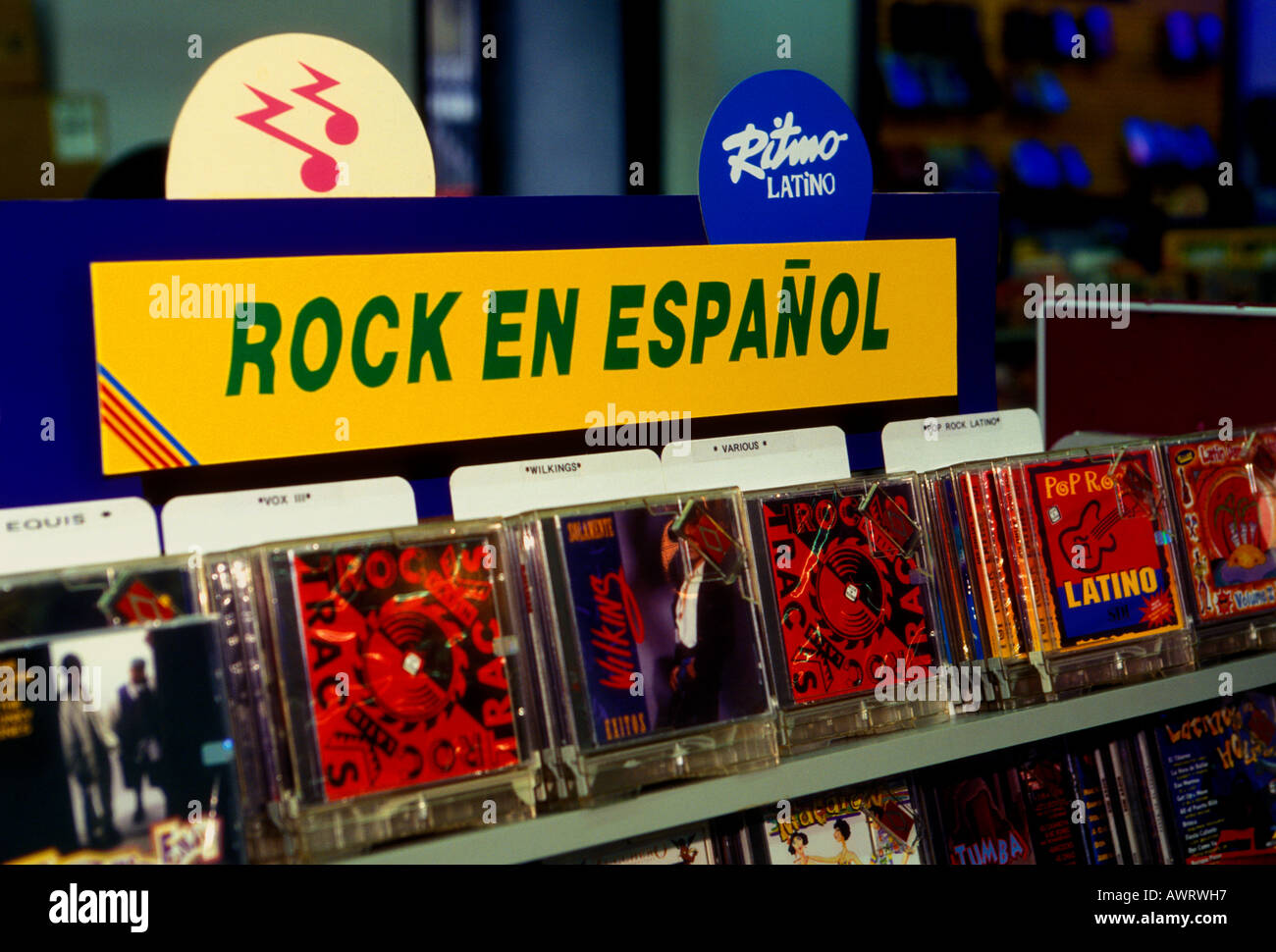 rock en Espanol, Spanish rock music, Latin American rock music, rock and roll music, music store, Mission District, San Francisco, California Stock Photo