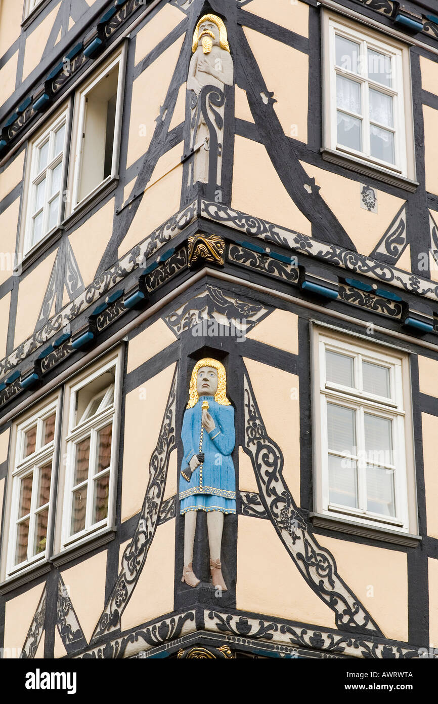 Figures and ornaments on the Raiffeisen-House, Eschwege, Hesse, Germany Stock Photo