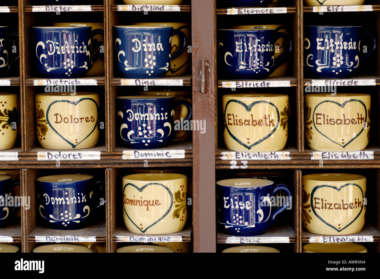Cups with different names Dominic, Elisabeth Stock Photo