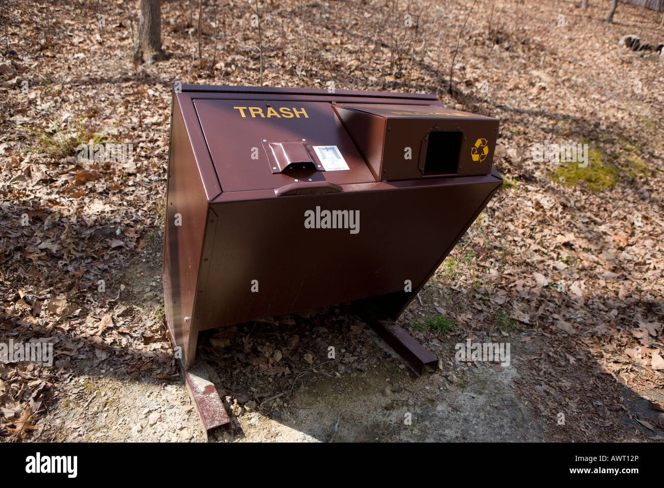 Bear and animal proof trash and recycling can Kings Mountain National Military Park near Blacksburg South Carolina March 14 2008 Stock Photo