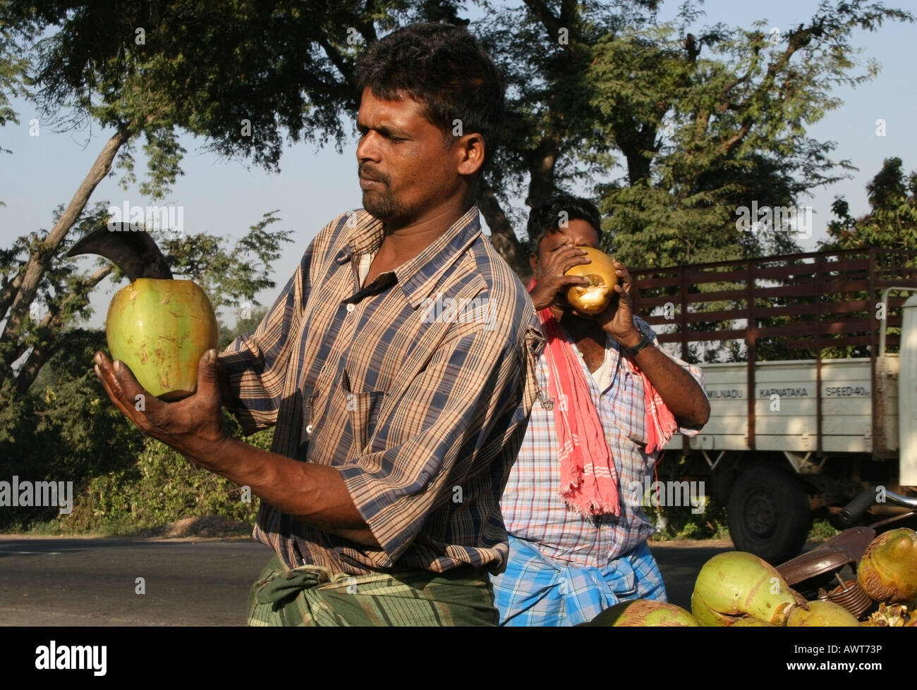 Roadside water coconut vendor opening a coconut with a sickle , Tamil