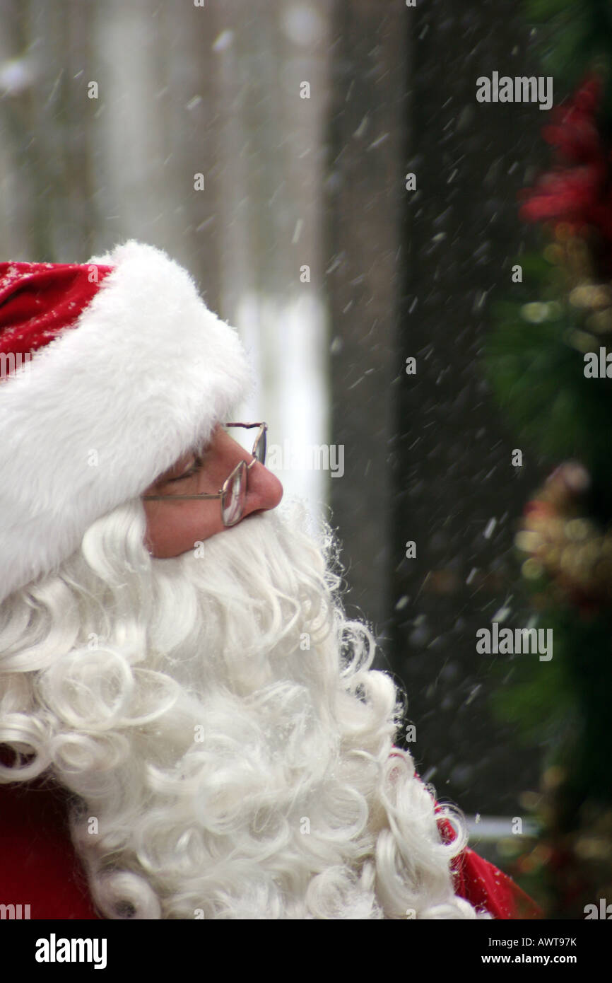 Santa Claus in the woods of the North Pole during winter while it is snowing before Christmas Stock Photo