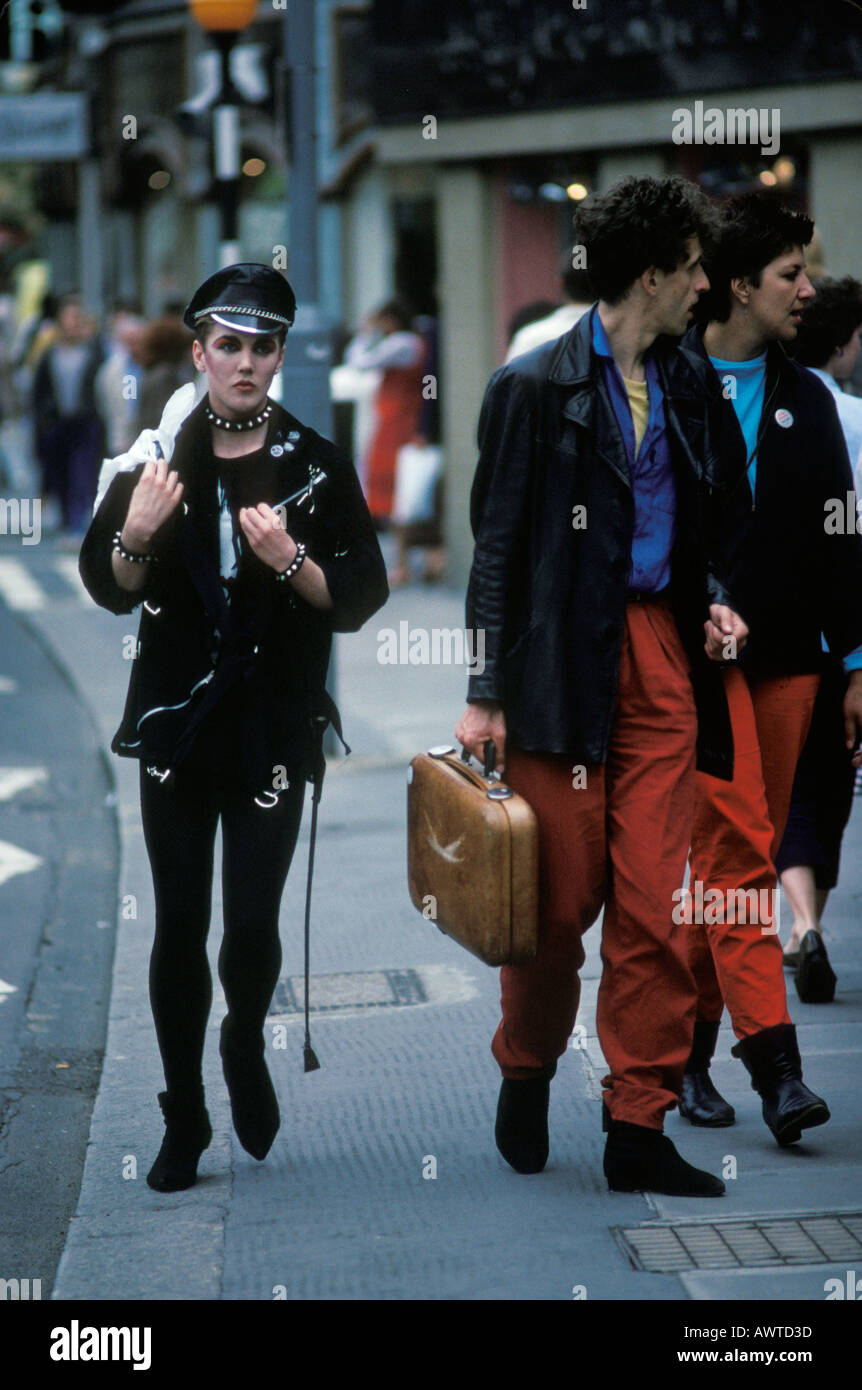 Androgynous Punk New Romantics youth subculture 1980s Kings Road, Chelsea London. Couple wearing unisex red trousers young male wearing  makeup UK Stock Photo
