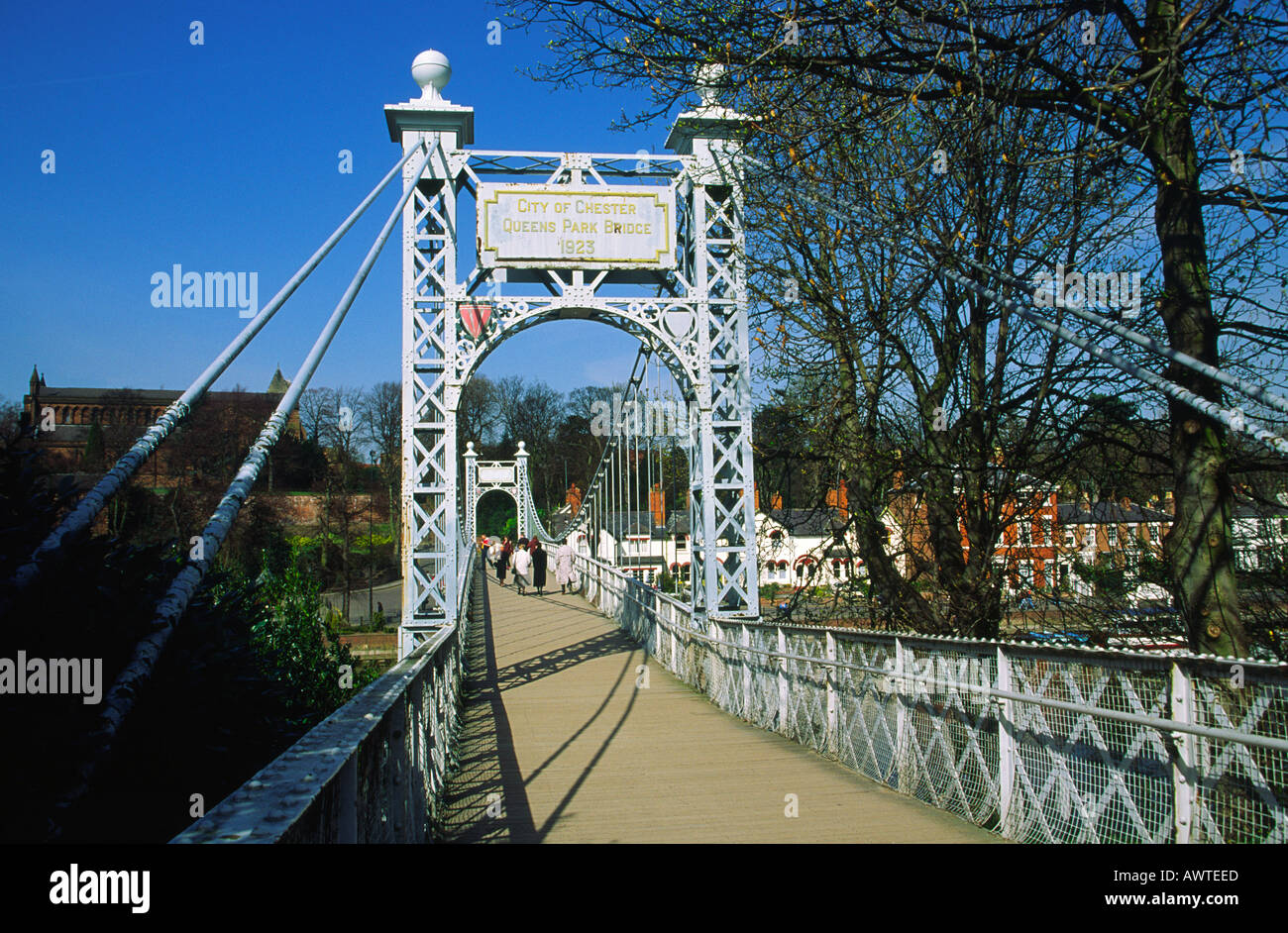 Queens Park Bridge a suspension footbridge over the River Dee Chester