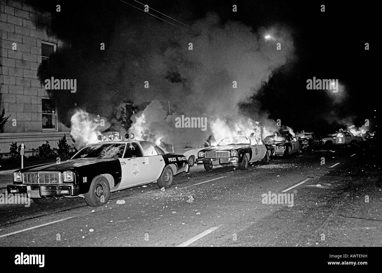 white night riot over Harvey Milk Assassination verdict burning San Francisco Police cruisers Stock Photo
