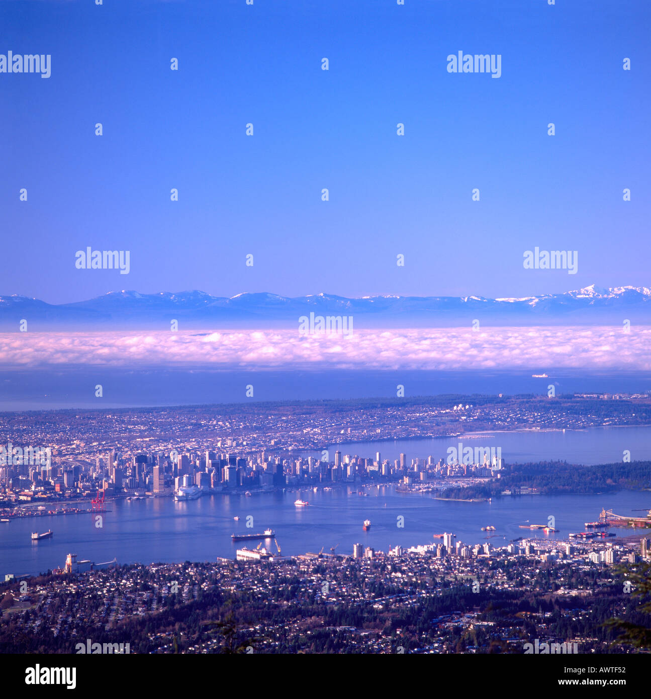 Aerial View of Burrard Inlet and the Cities of Vancouver and North Vancouver British Columbia Canada Stock Photo