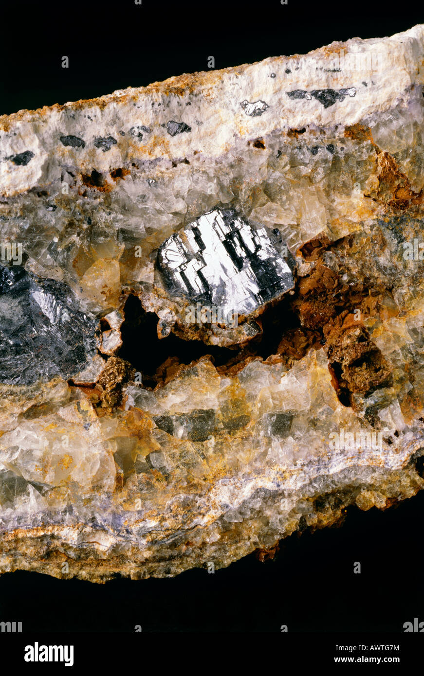 Galena. Most important lead ore mineral. Fine example of crystal of the mineral Galena held in a vug with fluorite and barite Stock Photo