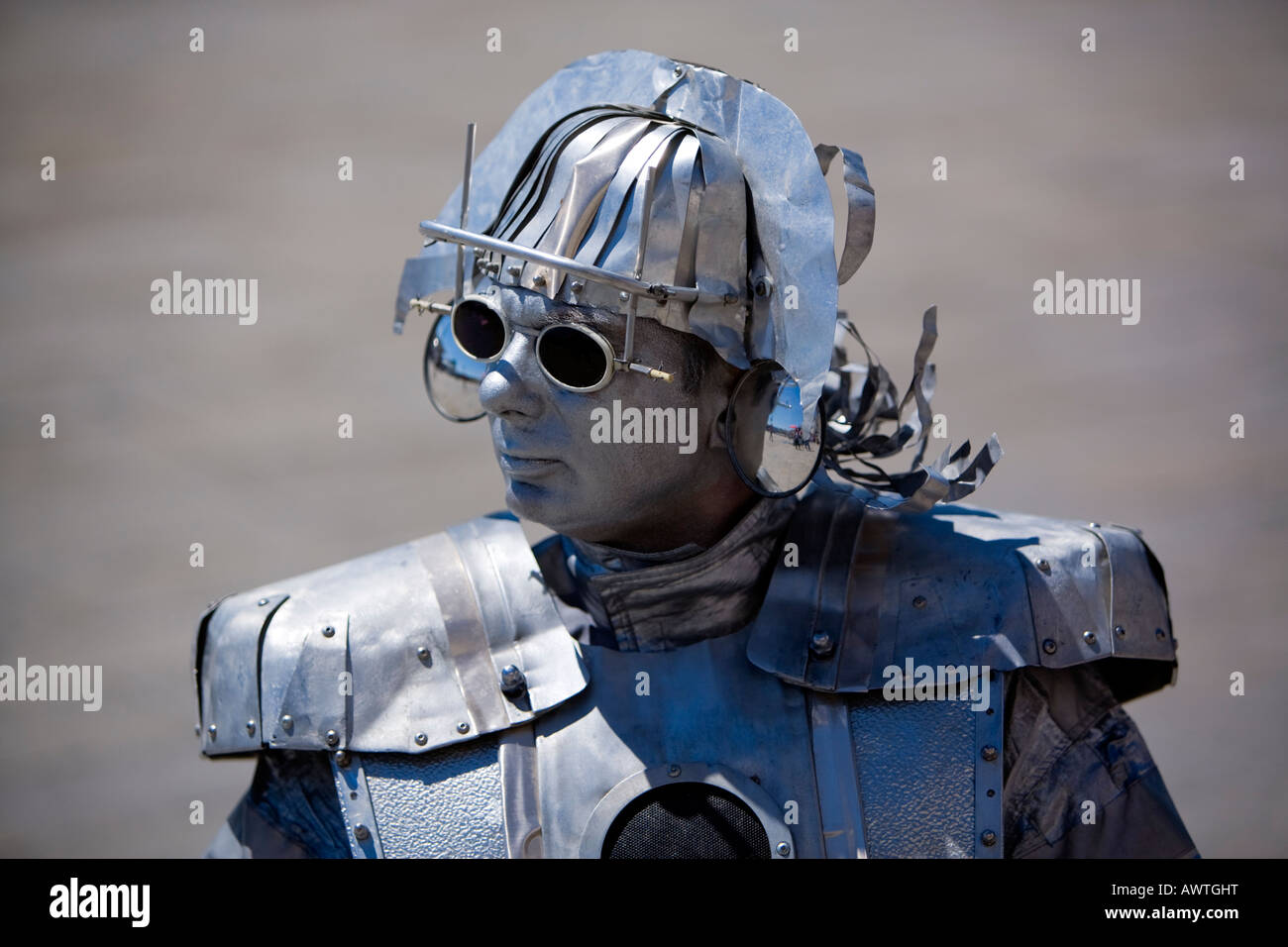 A street performer in Venice, Italy is dressed like a robot. Stock Photo