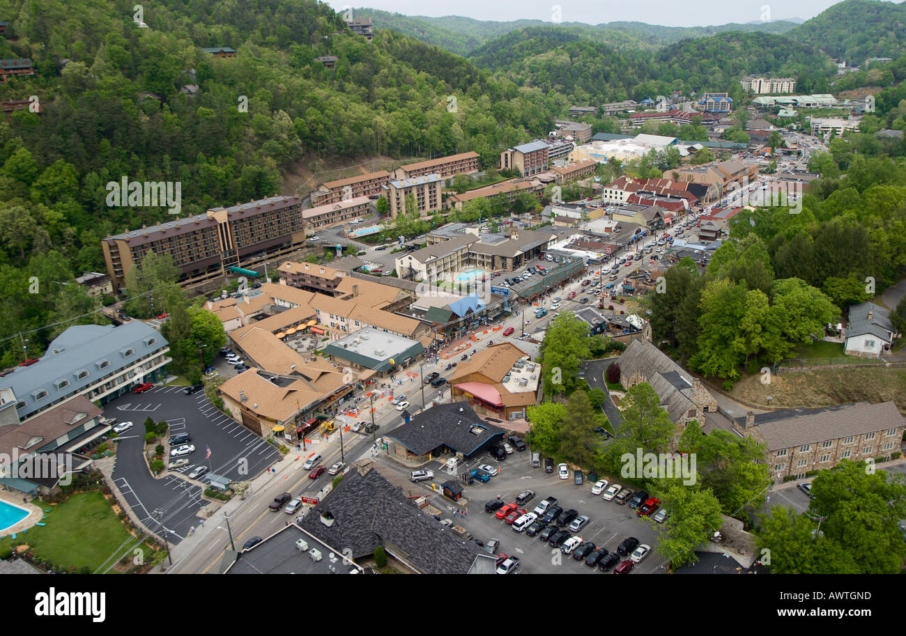 Aerial view of downtown Gatlinburg, Tennessee, USA looking south from