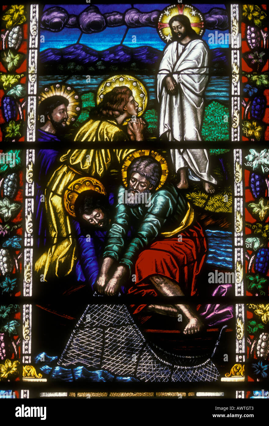 stained glass, stained glass window, The Miraculous Catch of Fish, Jesus and fishermen, San Francisco, California, United States Stock Photo
