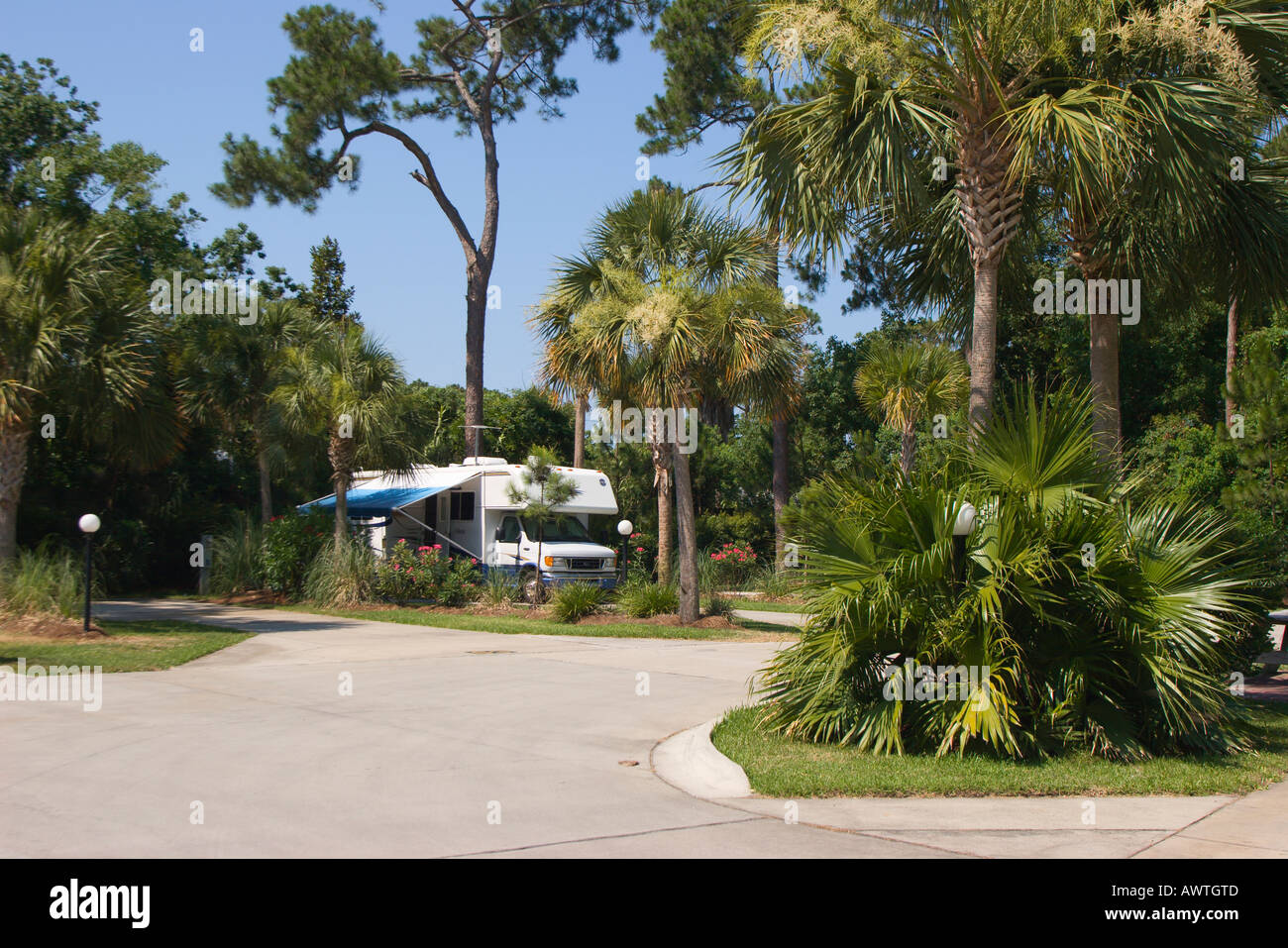 Motorhome Parked At Campsite In Rv Resort At Panama City Beach