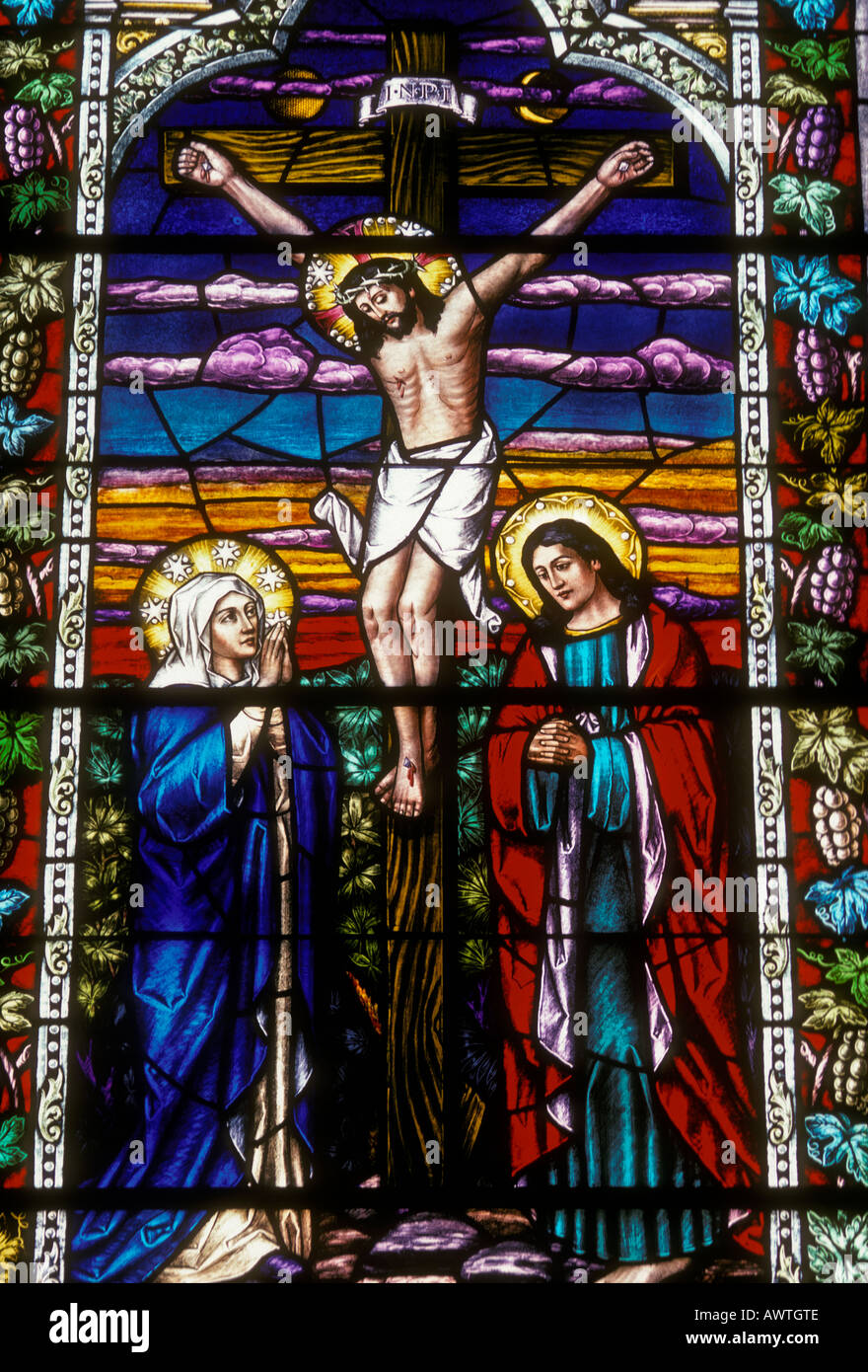 stained glass window, Crucifixion of the Lord Jesus Christ, Crucifixion of Jesus, Mary Mother of Jesus, John the Apostle, Stock Photo