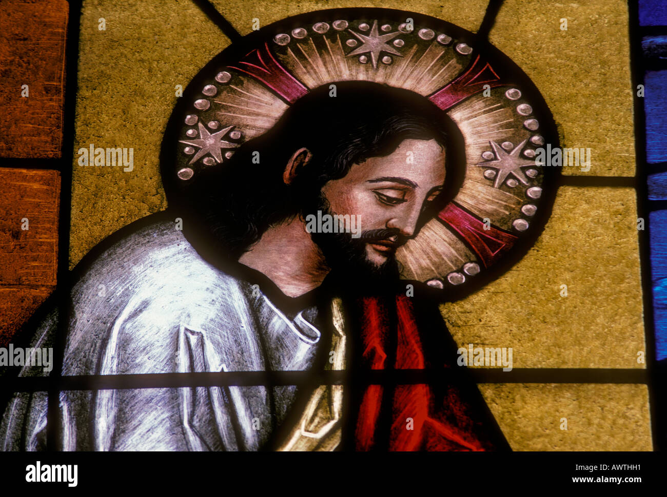 stained glass window, stained glass, Jesus Christ, King of the Jews, Greek Orthodox, San Francisco, California Stock Photo