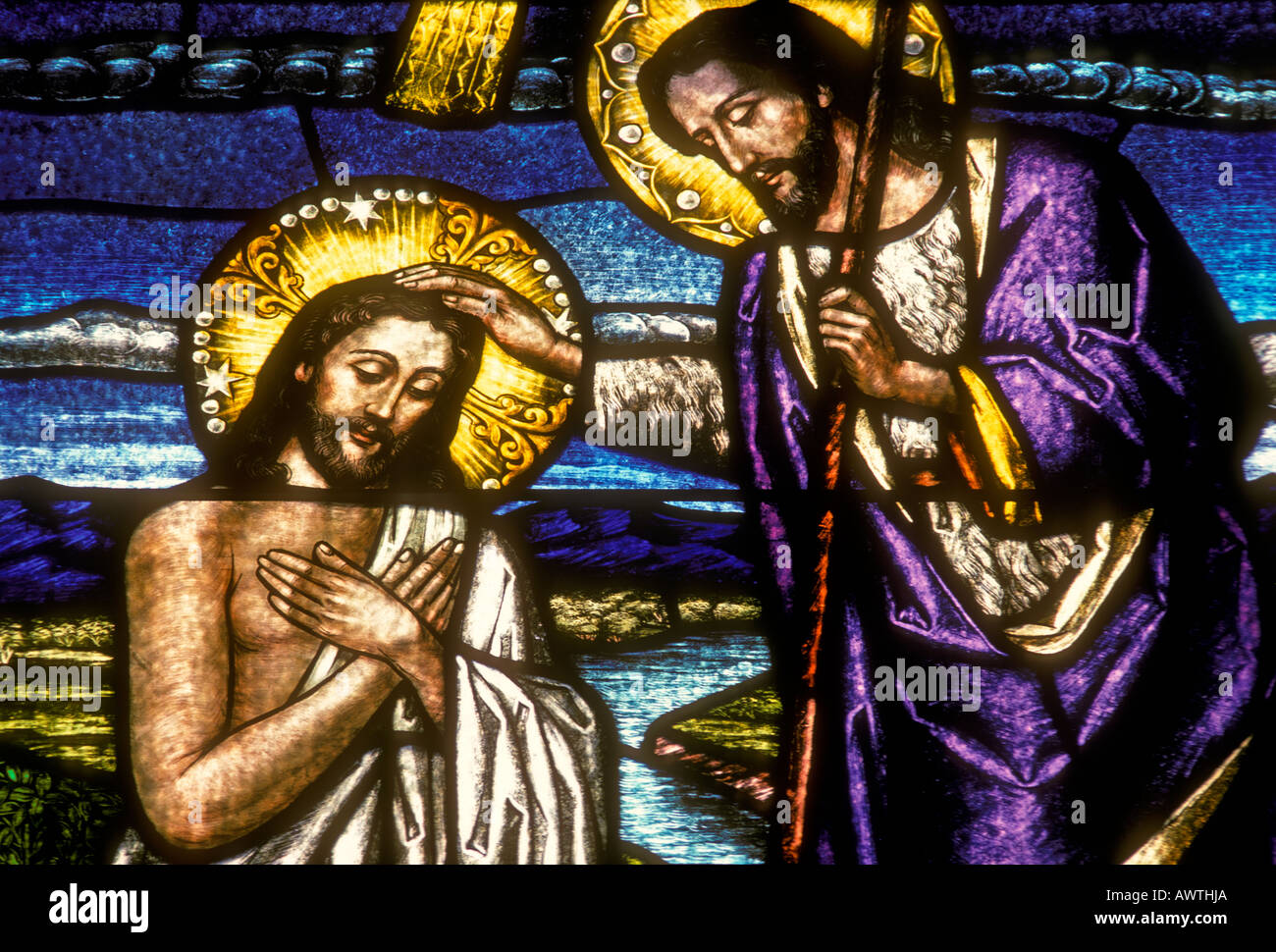 stained glass window, stained glass, The Baptism of Our Lord Jesus Christ, John the Baptist, Jesus Christ, Baptism of Jesus, Stock Photo