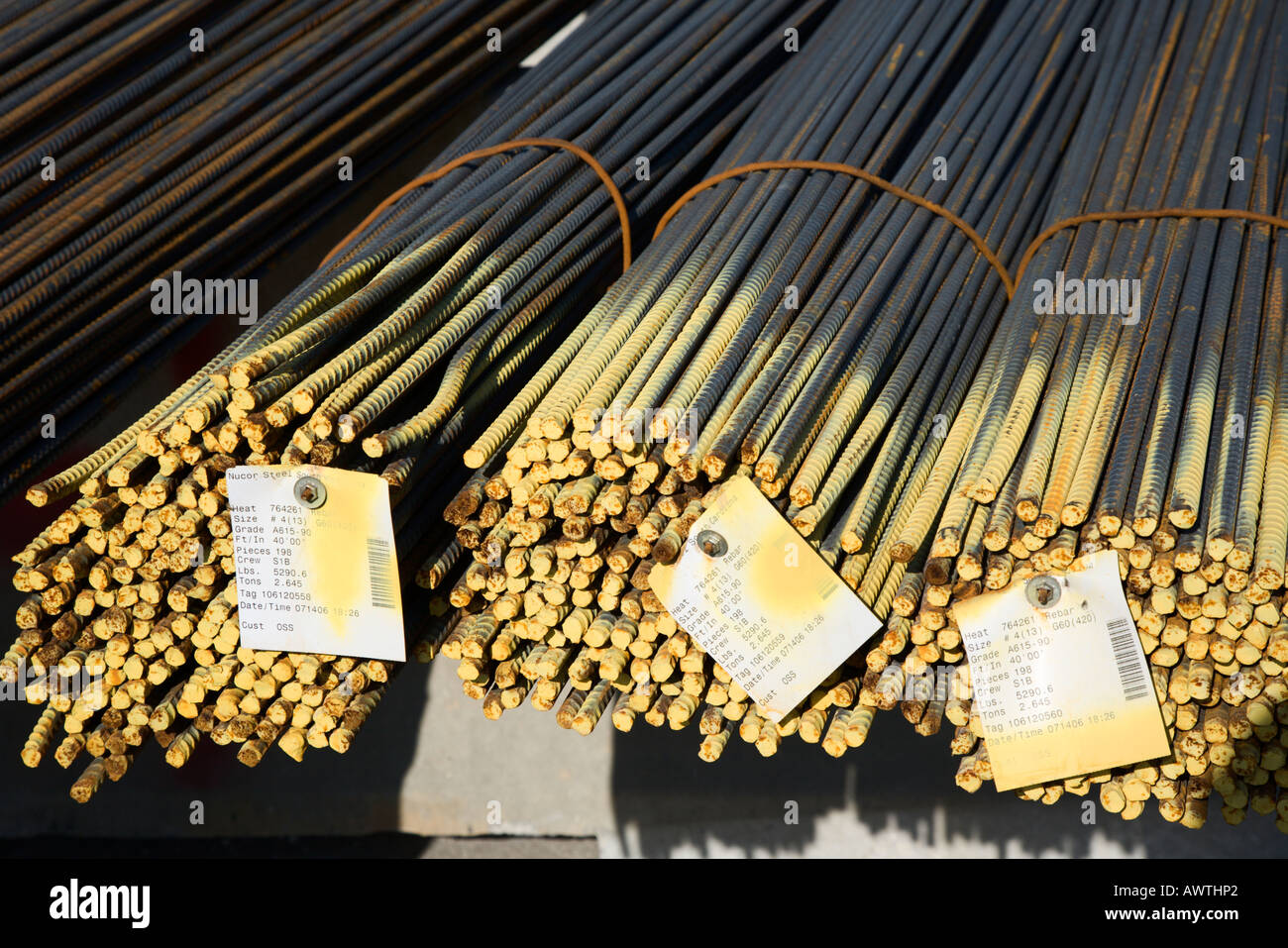 Bundles of reinforcing steel bars for concrete construction Stock Photo