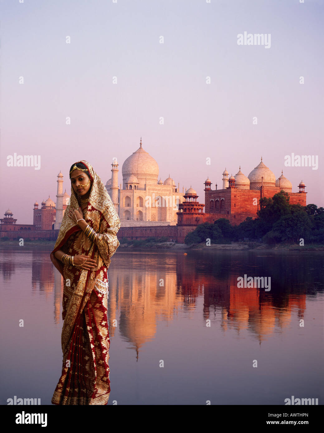 Taj Mahal at sunset and an Indian model Stock Photo