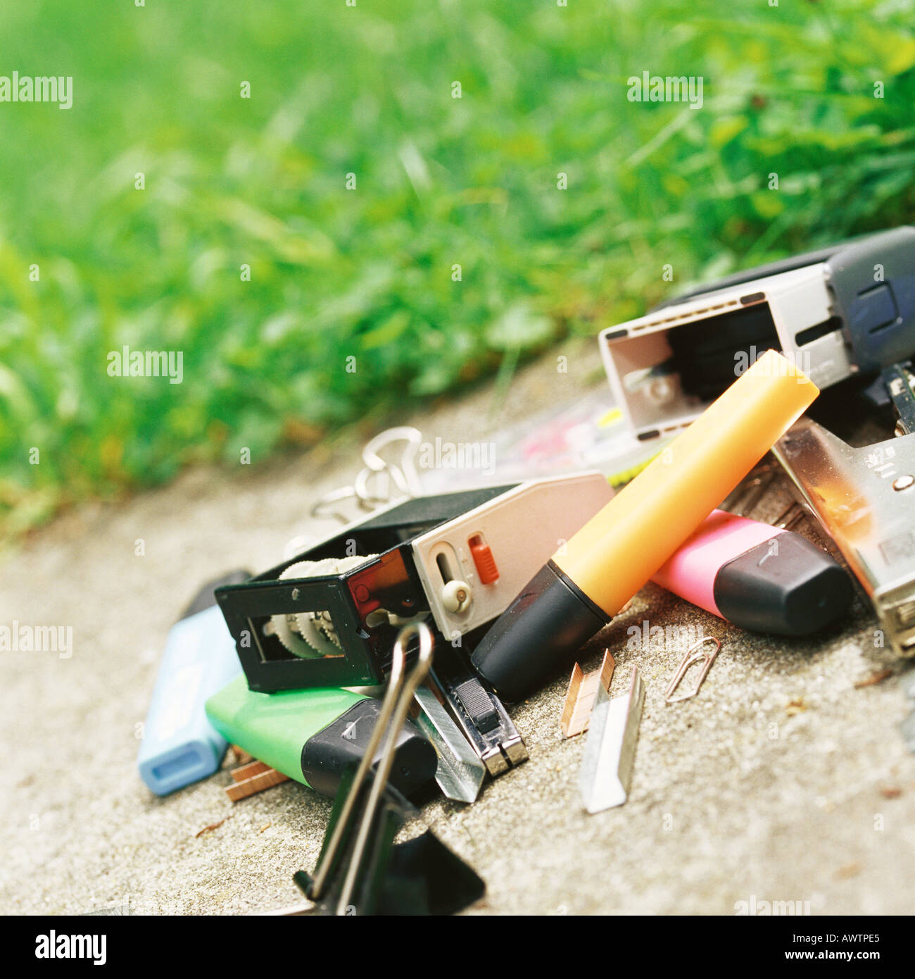 Office supplies on sidewalk Stock Photo
