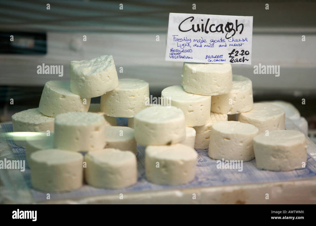 cuilcagh known also as corleggy freshly made irish goats cheese selection at an indoor market Stock Photo