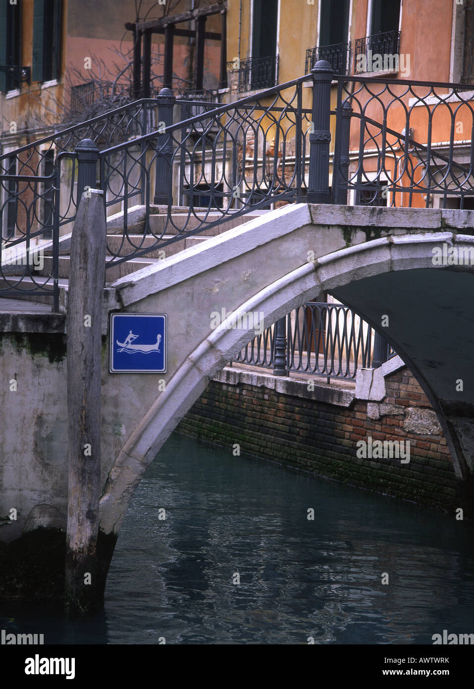 Gondola traffic sign canal and bridge Rio di San Provolo Castello sestier  Venice Veneto Italy Stock Photo