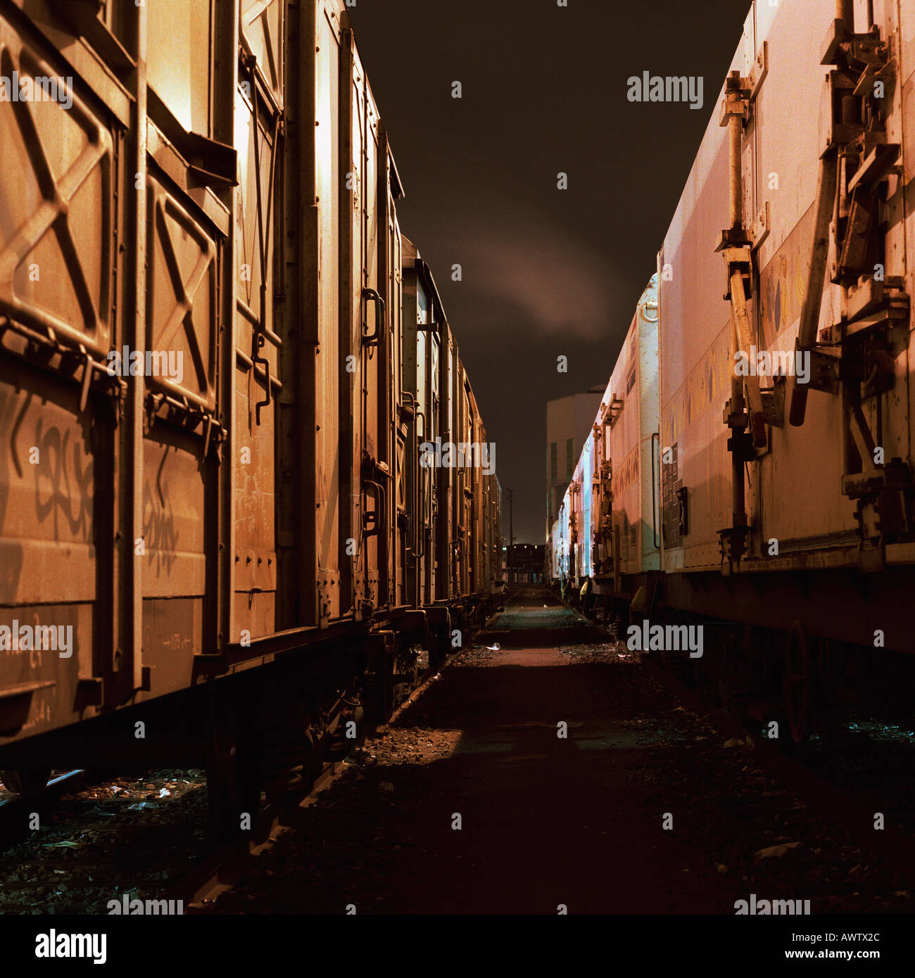 Freight trains at night, closeup Stock Photo Alamy