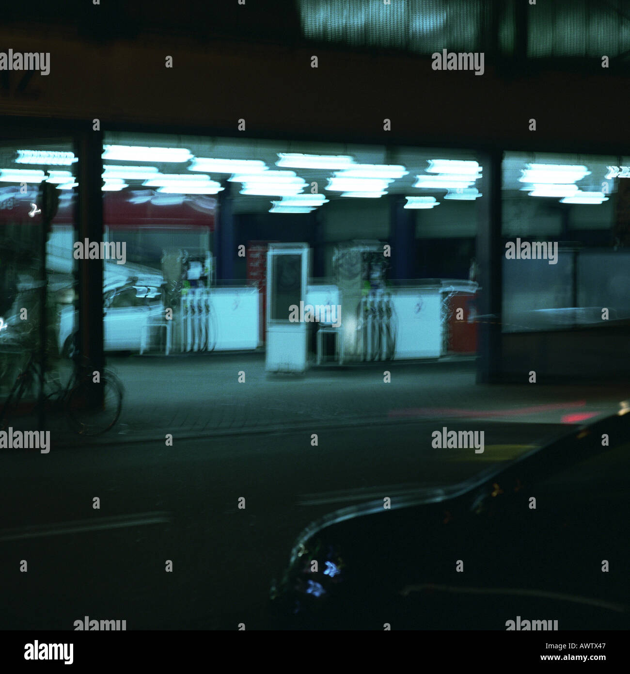 Service station at night, long exposure Stock Photo