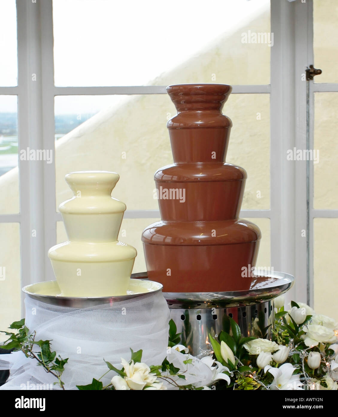 Chocolate fountains on display at an English Wedding Fair Stock Photo