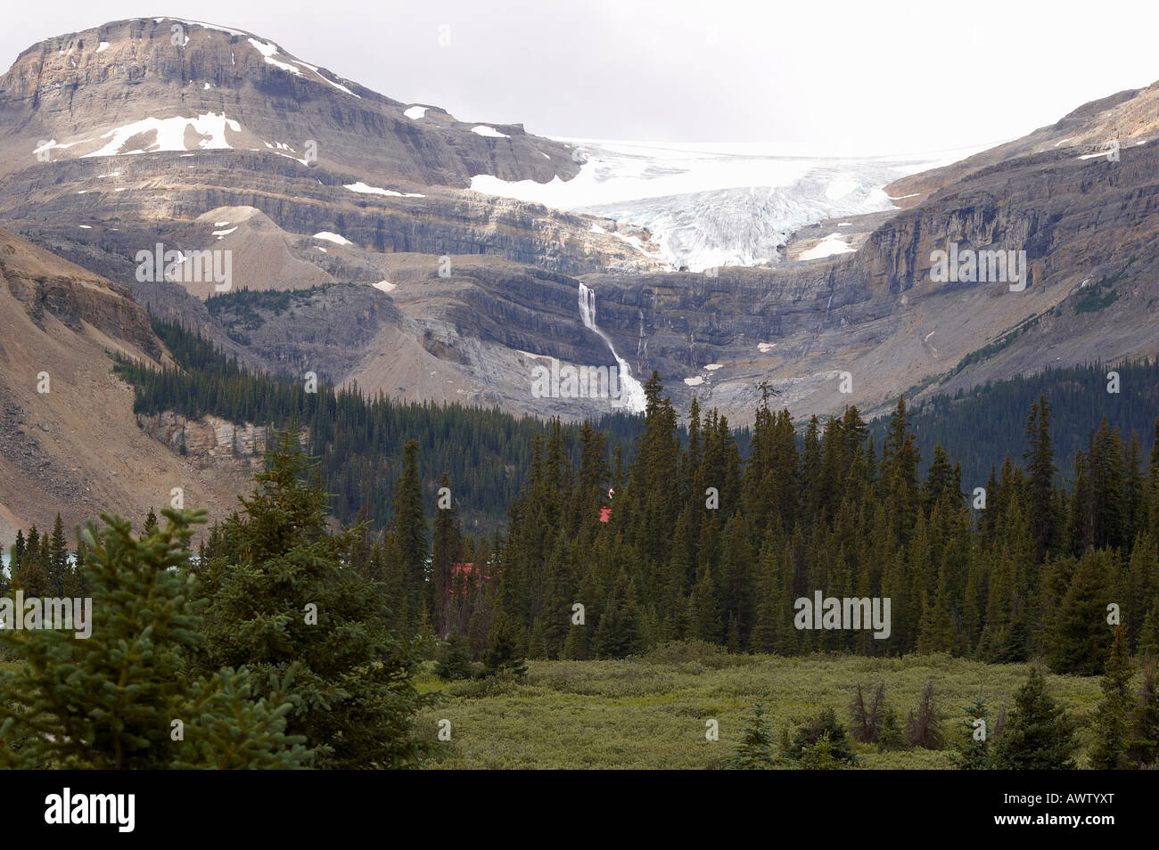 Bow Glacier above Bow Lake and Num-Ti-Jah Lodge in the Banff National