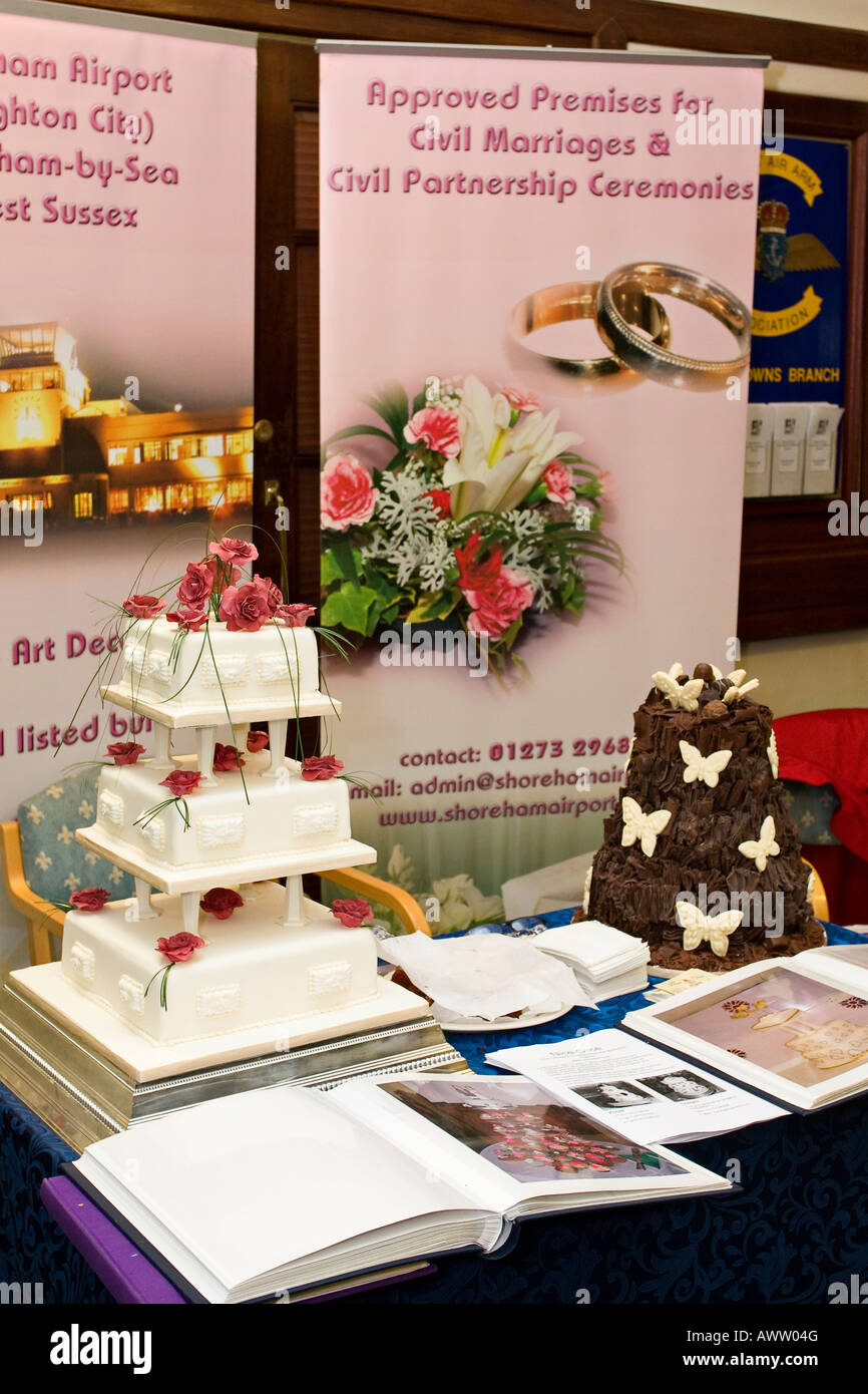 Tiered wedding cakes being exhibited at an English Wedding Fair Stock Photo