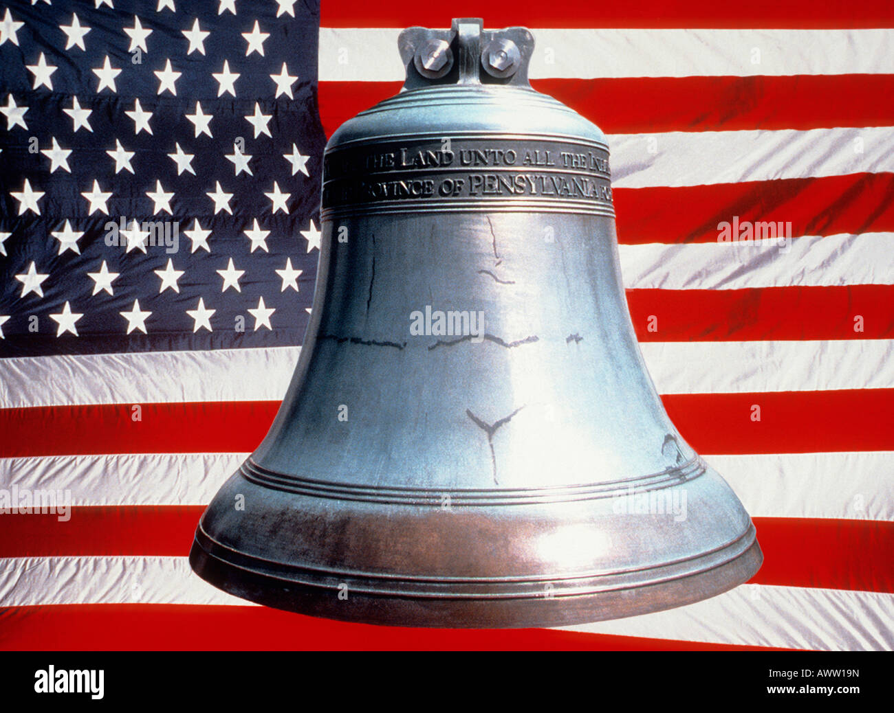 Liberty Bell and the American Flag symbolic of freedom and democracy in the United State of America. Stock Photo