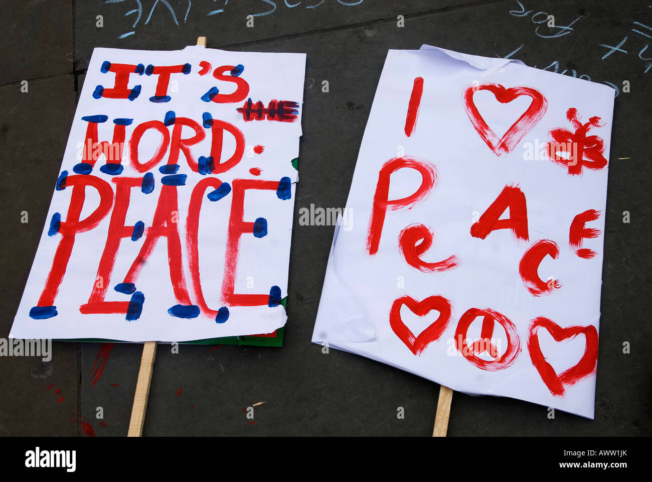Demonstration to mark 5 years of war in Iraq.Peace messages written on placards in Trafalgar Square Stock Photo