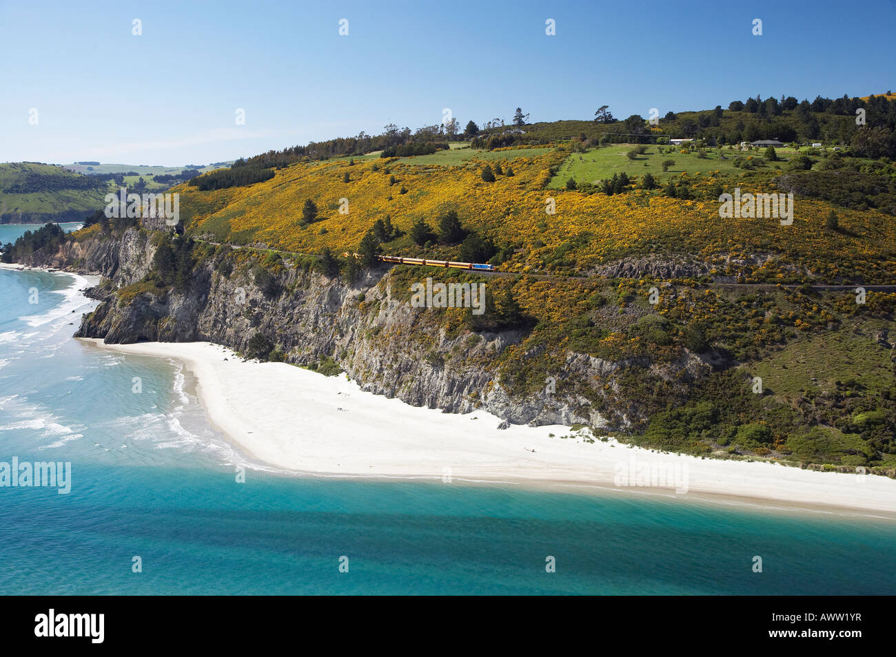 Seasider Train above Cliffs at Doctors Point near Dunedin South Island