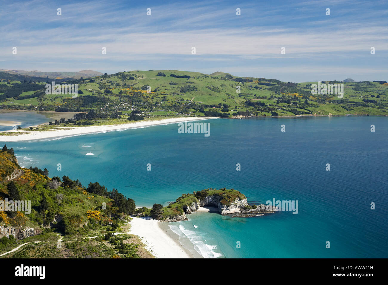 Mapoutahi Historic Maori Pa Site Purakanui Bay north of Dunedin South Island New Zealand aerial Stock Photo