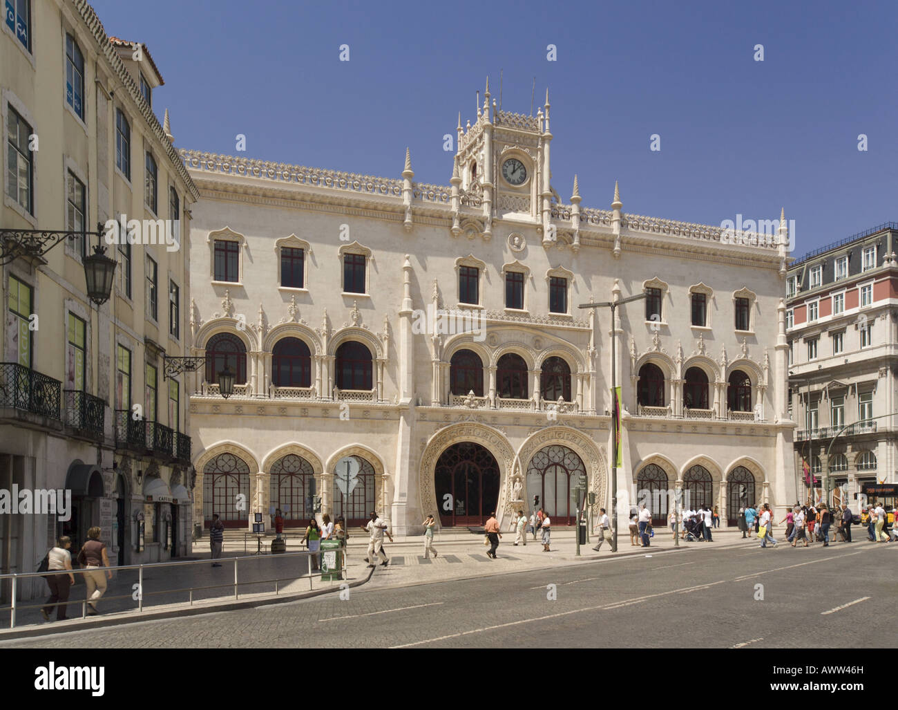 Portugal Lisbon, Rossio railway station facade, a neo manueline style building in the Baixa district, the city centre Stock Photo