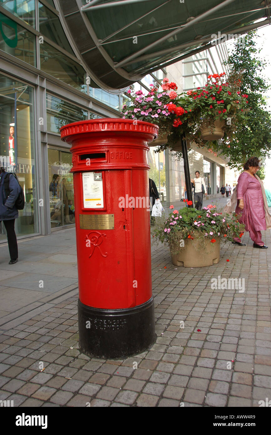 Manchester Corporation Street red postal pillar box which survived 1996 IRA bomb Stock Photo