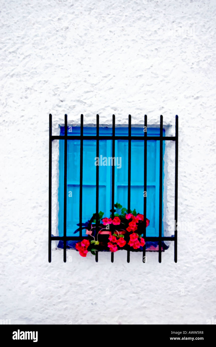 Painterly window with shutters closed and flowers Stock Photo