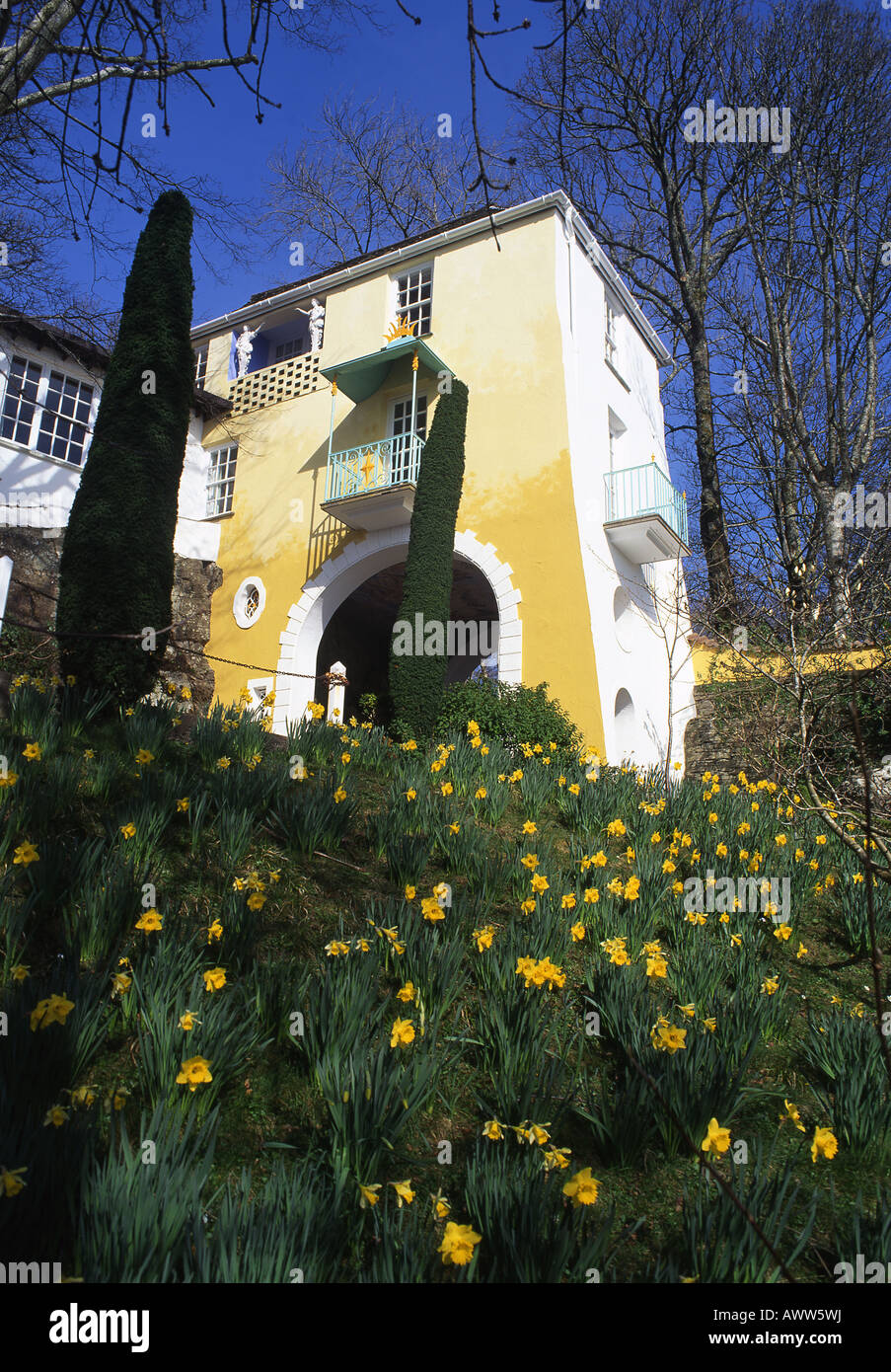 Gate House and daffodils Portmeirion Gwynedd Wales UK Stock Photo Alamy