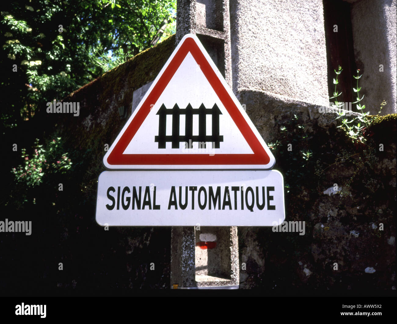 French Sign At Railway Railroad Level Crossing The French Words Mean Automatic Signal Stock Photo Alamy