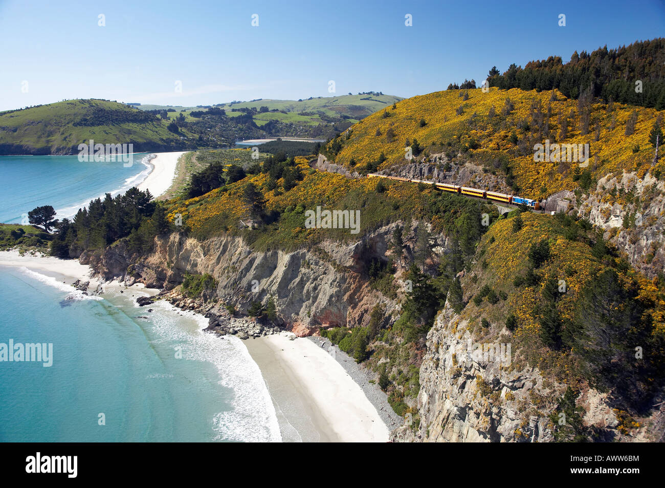 Seasider Train above Cliffs at Doctors Point near Dunedin South Island