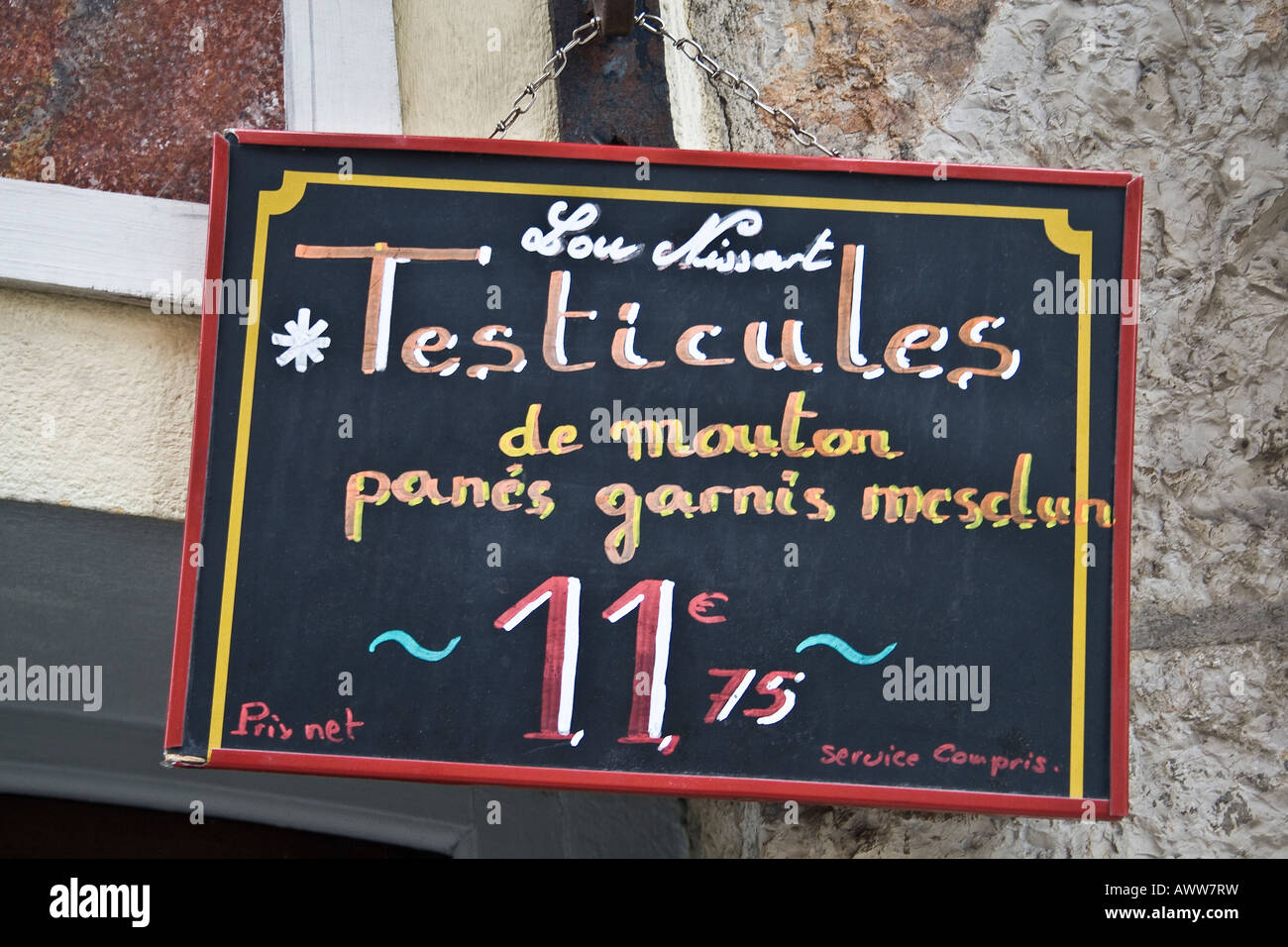 Sheeps Testicles de Mouton advertised on a Menu Board of a restaurant in  Nice France Stock Photo