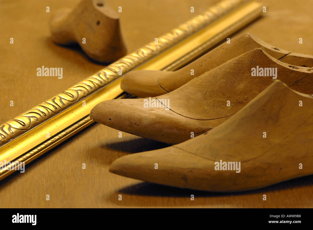 Work tools of shoemaker on wooden surface Stock Photo - Alamy