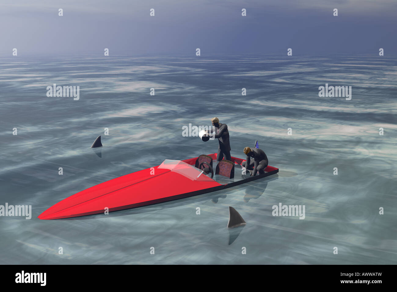 Businessmen bailing out a sinking boat while circled by sharks. Stock Photo