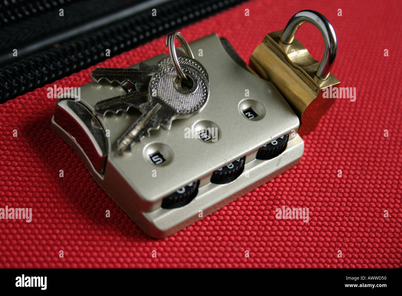 lock and keys on top of luggage combination lock Concept of security
