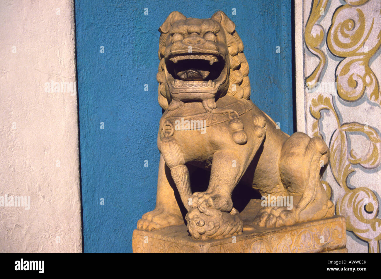 Fu dog or fu lion guardian statue in Chinatown Los Angeles California