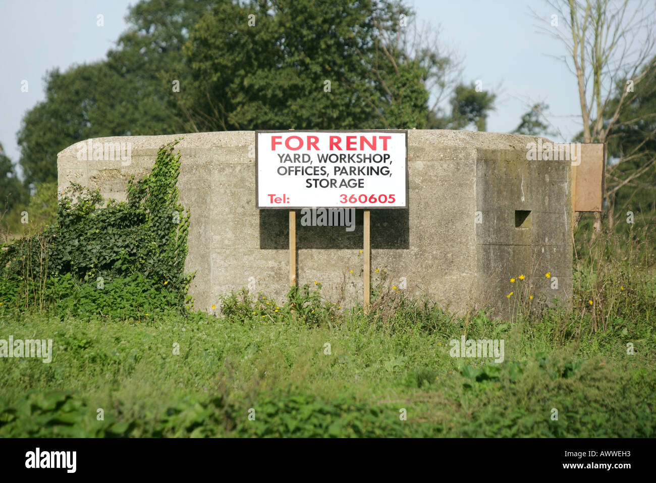 A World War II bunker used as a focal point for a "for rent" advert