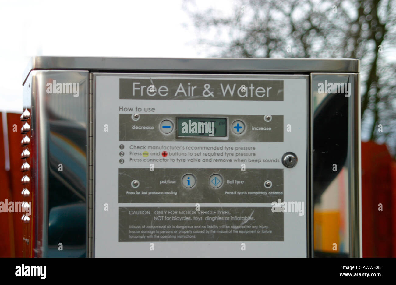 Free air and water dispenser at petrol filling station forecourt Stock Photo