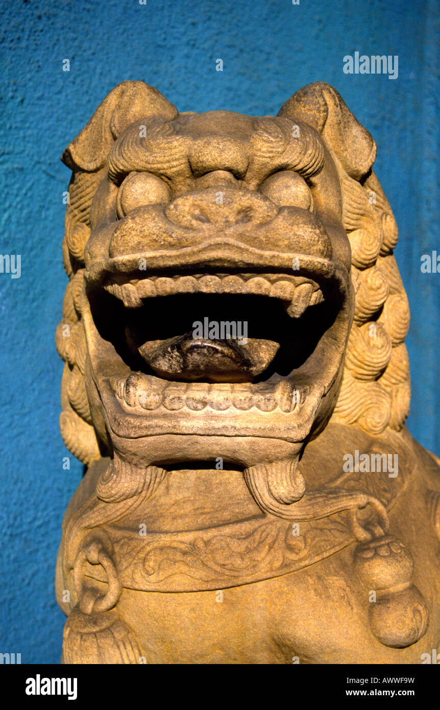 Fu dog or fu lion guardian statue in Chinatown Los Angeles California