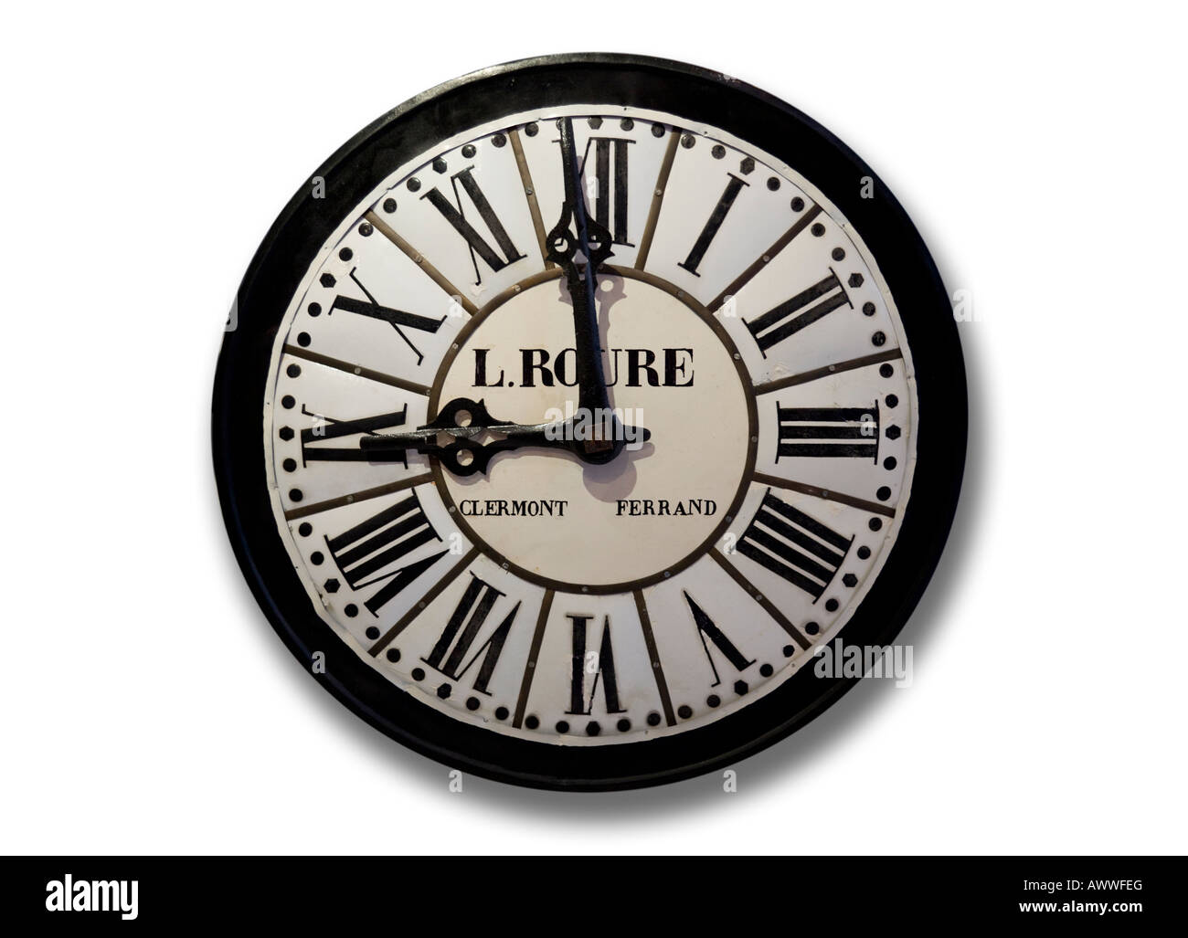 An old enamelled iron wall clock face (France). Cadran d'horloge ancienne  en tôle émaillée (France Stock Photo - Alamy