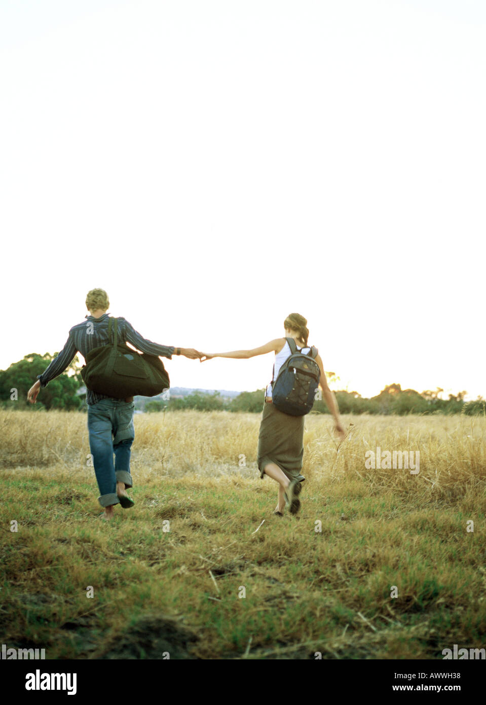 Couple holding hands in field, rear view Stock Photo - Alamy