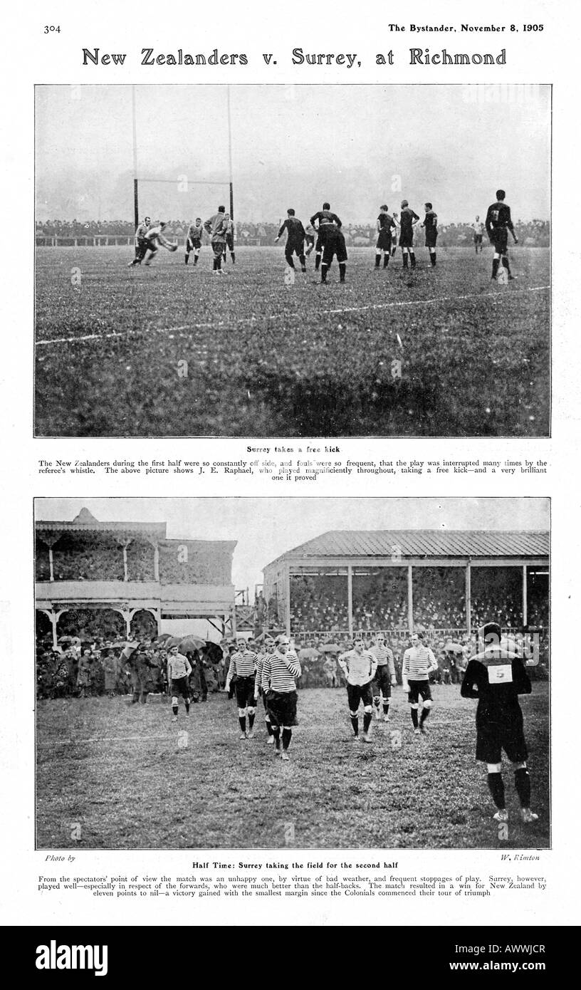 Surrey v All Blacks 1905 magazine spread of the rugby game at Richmond on the Original New Zealand tour of the British Isles Stock Photo